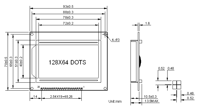 128x64 Dot Matrix LCD Display dimension