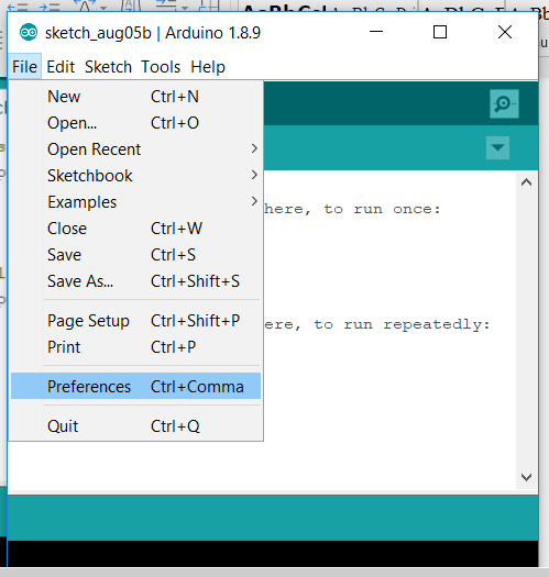 Arduino preference menu