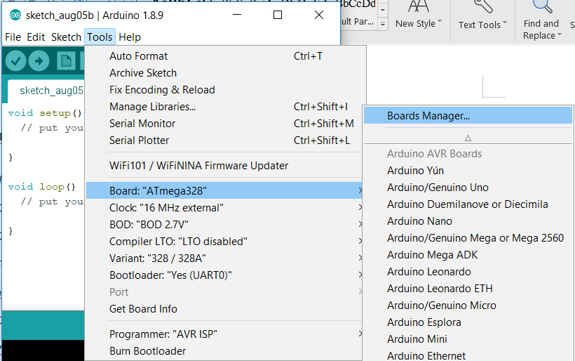 Arduino board selection