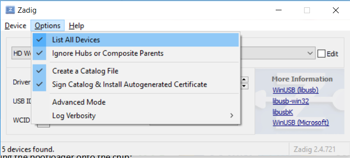 Zadig software for programmer driver