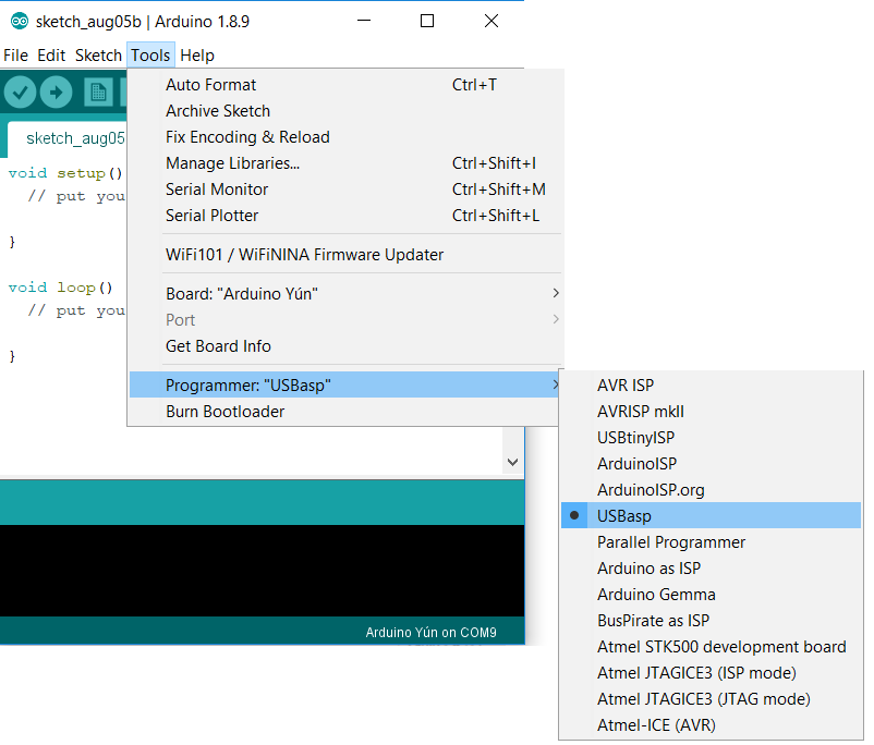 Arduino select programmer USBasp