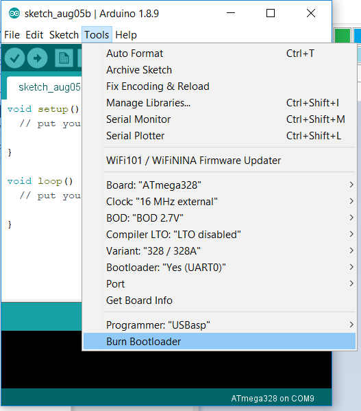 Burn Arduino bootloader into ATMEL ATmega328 microcontroller