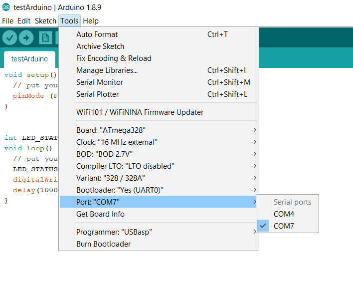 Select Arduino USB programming port.