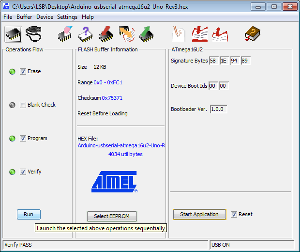 ATMEL FLIP software interface loading Arduino USB serial firmware to ATMEGA16U2