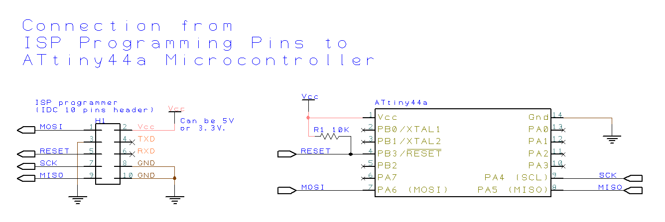 ISP Programming Pins to ATtiny44A microcontroller connection.