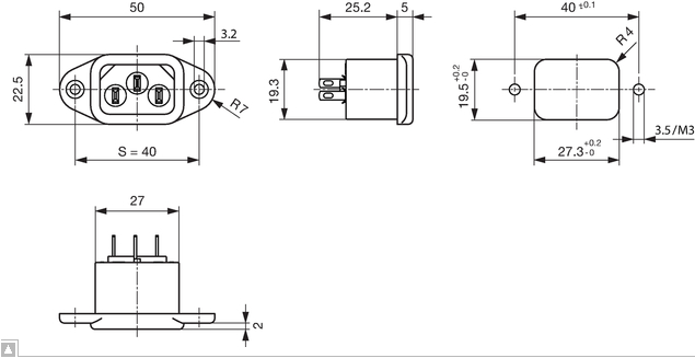 IEC socket dimension 230Vac 3 pin