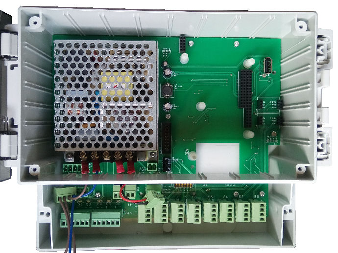 Power supply and interface circuit board inside enclosure casing