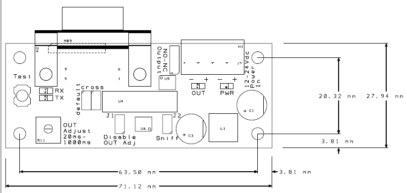 Size dimension of the RS232 output switch output board